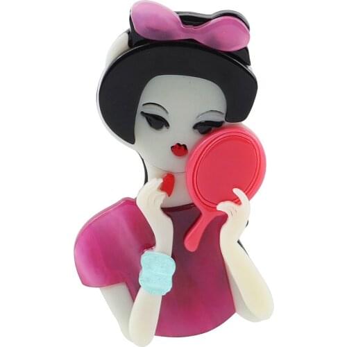 New Fashion Cute Acrylic Girl Vanity Mirror Brooches for Women Vintage Cartoon Lovely Badge Brooch Party Jewelry Accessories