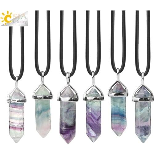 CSJA Natural Fluorite Necklace Pendants Gem Stone Crystal Necklaces Bullet Healing Suspension for Women Men Reiki Jewelry G548