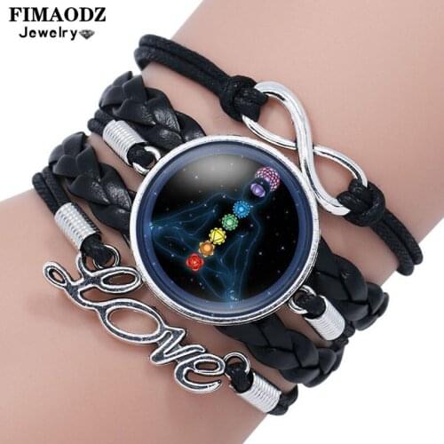 FIMAODZ New 7 Chakra Infinity Bracelet Buddha Yoga Meditation Mandala Flower Art Picture Leather Bracelets for Women Men Jewelry