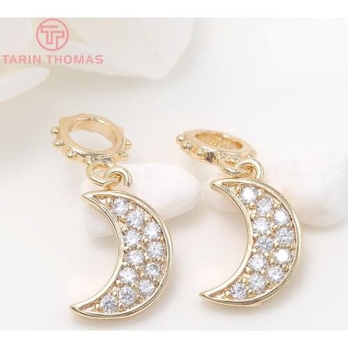 4PCS 8x20MM 24K Gold Color Brass with Zircon Moon Charm Pendants for DIY Jewelry Making Findings Accessories