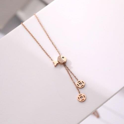 Fashion Rose Gold Plated Stainless Steel Fish Pendant Necklace For Women Neck Chain, Cute Coins Tassel Necklaces Female Jewelry