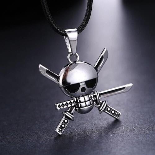 MOSU Hot Anime One Piece Silver Metal Necklace Roronoa Zoro Skeleton Logo Pendant Cosplay Accessories Jewelry can Drop-shipping