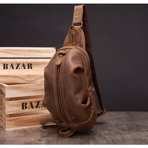 Retro Cowhide Chest Pack Genuine Leather Crazy Horse Brown Men Shoulder Messenger Bag vintage Outdoor Travel Male Bags