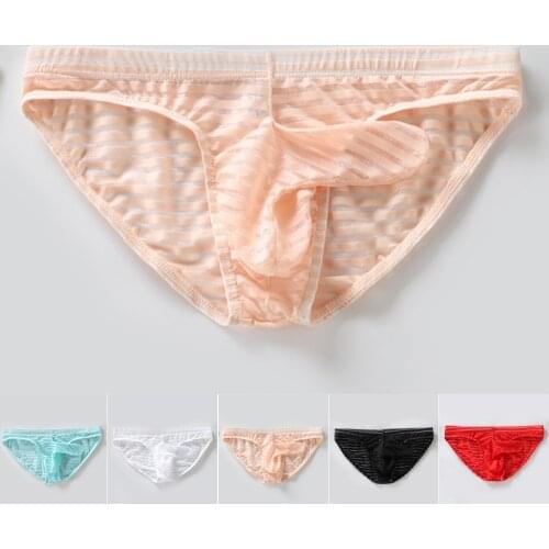 Men Sexy Striped See-Through Briefs Bikini Bulge Pouch Underwear Long Penis Sheath Underpant Lingerie Trunks Sissy Panties 2021
