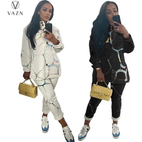 VAZN 2021 Women Fashion New Street Casual Style Sets Long Sleeve Lapel Shirt Long Pants Printed Two Piece Sets