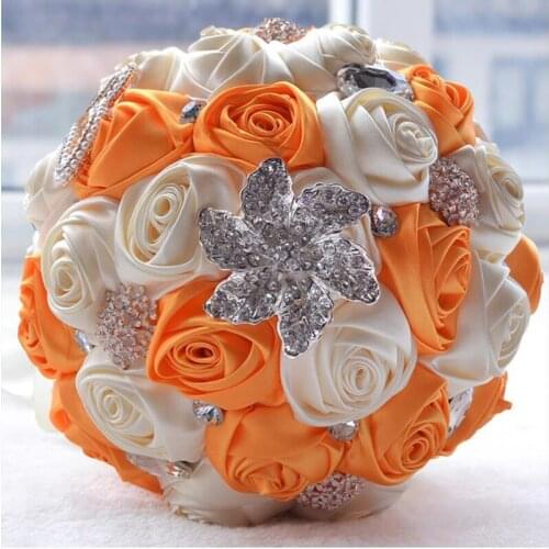 New arrived ornage + cream slik rose flower bouquet artificial bridal bouquet for wedding decoration