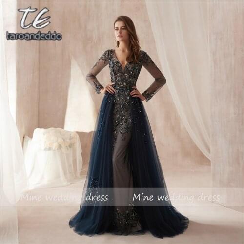 New Arrival Black Tulle Elegant A-line Long Sleeves Crystals Prom Dresses 2021 Beading Evening Dress with Tulle Skirt