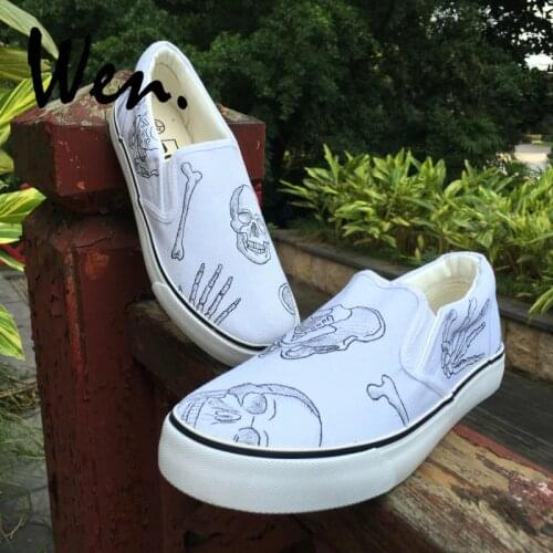 Wen Original Hand Painted Design Shoes Human Skeleton Skull Hand Bones Slip On Custom White Women And Men Canvas Sneakers