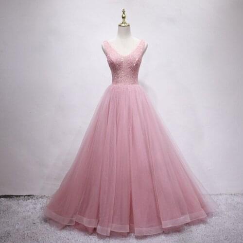 Sparkling Pink Prom Dresses V-Neck Backless Pleats Tulle Long Evening Dresses