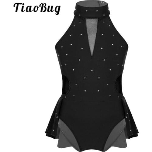 TiaoBug Sparkly Rhinestone Mesh Splice Ballet Gymnastics Leotard Girls Figure Skating Dress Kids Contemporary Rave Dance Costume