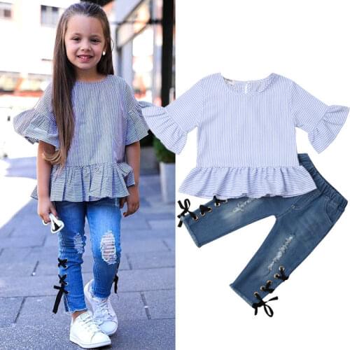 Citgeett Toddler Kids Baby Girl Striped Blue Half Sleeves Tops Shirt Ripped Denim Pants Jeans Outfit Summer Clothes