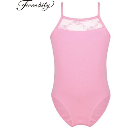 Kids Spaghetti Shoulder Straps Lace Splice Professional Ballet Dance Leotard Girls Gymnastics Leotard Ballerina Party Bodysuit