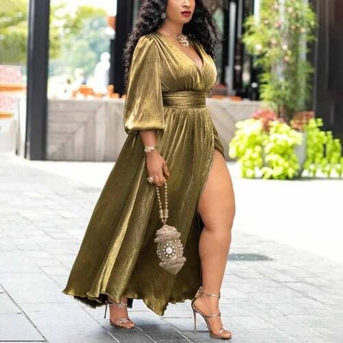 Y2K Golden Dress Women Sexy Split Tunic High Waist African Ladies Streetwear 2021 Spring Long Sleeve Party Maxi Dress Plus Size
