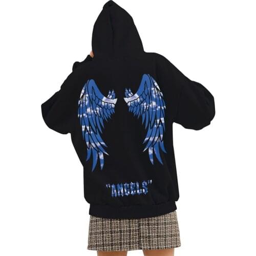 Angel Wing Hoodie Women Thermal Sweatshirt Women Cotton Oversized Graphic Hoodies Y2k Vintage 90s Aesthetic Outerwear Black Tops