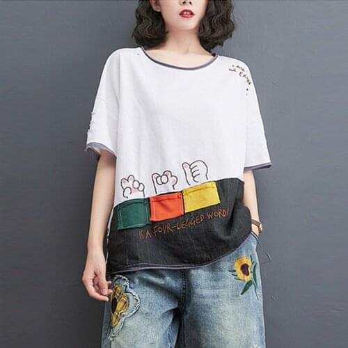 Oversized Women Summer Cotton Casual T-shirts New Arrival 2021 Simple Style Cartoon Embroidery Loose Female Tops Tees B134