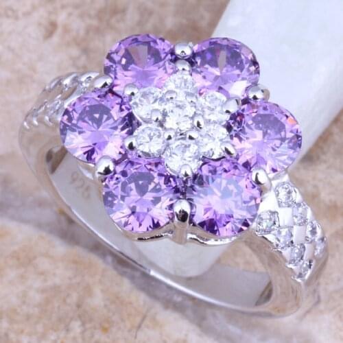 Flower Purple Cubic Zirconia White CZ Silver Plated Womens Ring Size 6 / 7 / 8 / 9 R1403