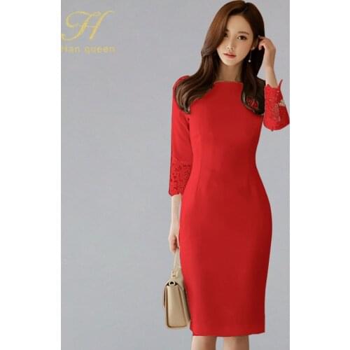 H Han Queen Solid Lace Patchwork Elegant Autumn Pencil Dress Women Sexy Fitted Sheath Bodycon Dress OL Wrist Work Wear Vestidos