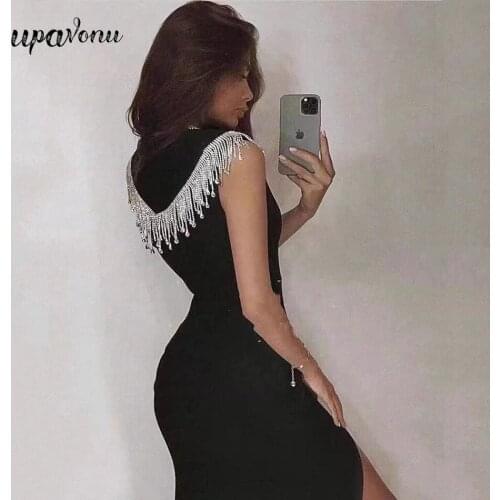 Free Shipping 2021 Women Rhinestone Tassel Midi Sexy Bandage Dress V-neck Sleeveless Split Bodycon Celebrity Runway Party Dress