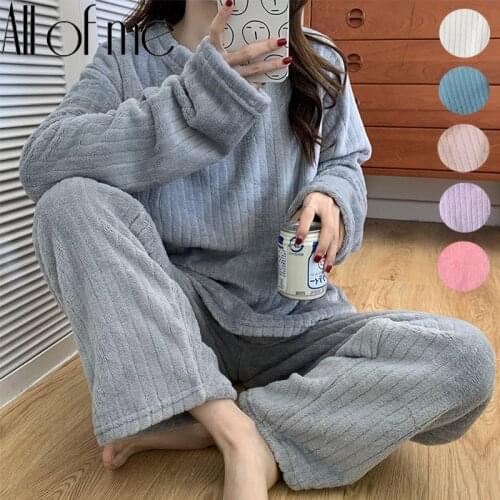 Winter Warm Women Pajamas Set Flannel Pajamas Homewear Sweatshirt Hoodies Thick Female Sleepwear Plush Pyjamas Suit Solid Color