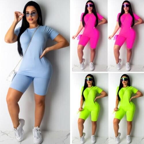 2pcs/set Womens Summer Sports Short Sleeve Round Neck Shirt Tops Pants Casual Solid Color Fitness Outfit Set Workout Tracksuit