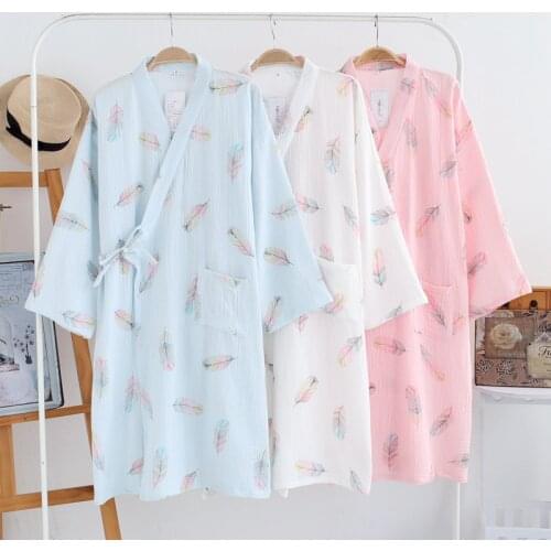 2021 New Cotton Gauze Nightgown Female Kimono Sleepskirt three quarters sleeve soft Robe Summer Knit Home Cloth