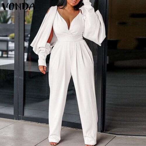2021 VONDA Women Solid Long Jumpsuits Summer Pleated V Neck Long Sleeve Harem Pants Pantalon Femme Office Overalls Oversized