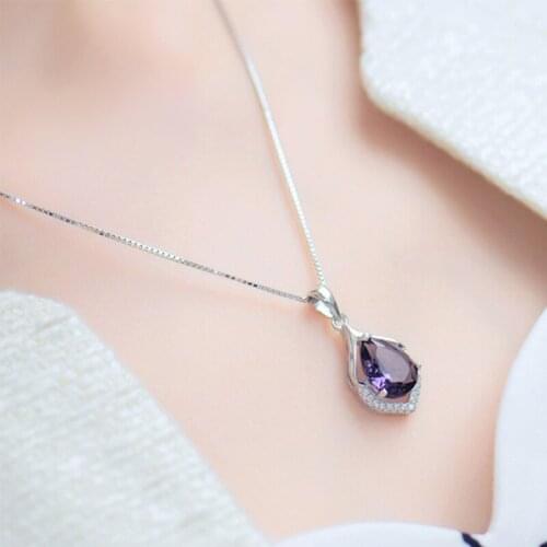 2020 New Trendy Snake Chain Water Drop Purple Zircon Necklace For Women Dainty Silver Plated Female Jewelry Birthday Party Gifts