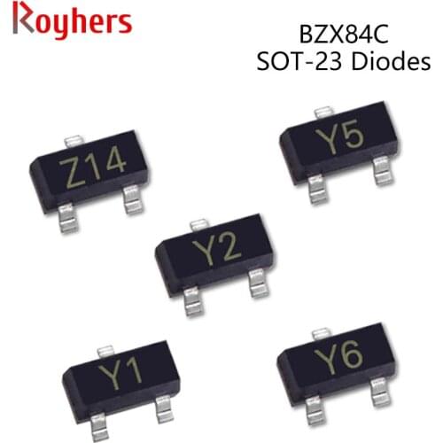 50Pcs SMD Zener Diode BZX84C18 Y6 BZX84C20 Y7 BZX84C22 Y8 BZX84C27 Y10 BZX84C30 Y11 BZX84C33 Y12 BZX84C36 Y13 2.4V-39V IC SOT-23