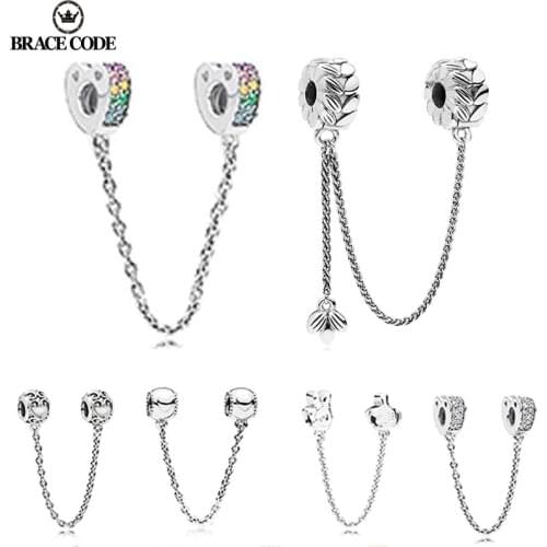 BRACE CODE Original Silver Color Charm Sparkling Moon & Star With Crystal Safety Chain Clip Beads Fit Fine Bracelet DIY Jewelry