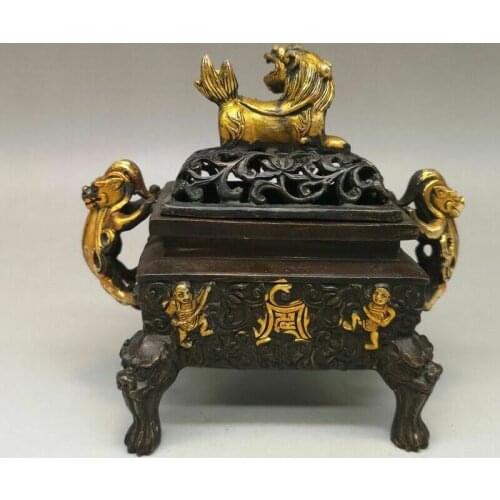 Chinese antique Ming xuande mark bronze gilt gold lion Incense Burner
