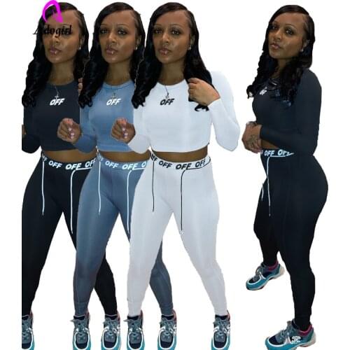 Fitness Women 2 Piece Set Letter Print Crop Sweatshirt Skinny Jogging Pant Sporty Biker Leggings Matching Suit Tracksuit Outfits