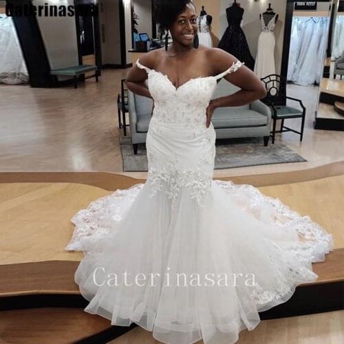 Lace Off-the-Shoulder Zipper Tulle Mermaid Wedding Dress For Black Women Bridal Gown CT037