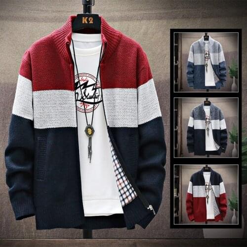 Mens sweater zipper cardigan casual loose stripe sweater autumn/winter fleece catch thick warm wool jacket jacket