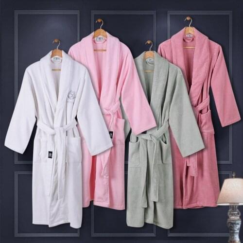 Autumn Thick Combed Cotton Solid Color Long Home Bathrobes Embroidery Robe Unisex long-sleeve absorbent terry bathrobe pijamas