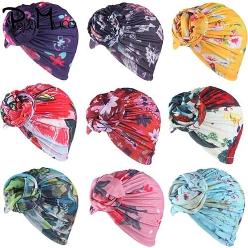 Powmuco 18*17 CM Fashion Print Folded Flower Children Indian Hats Handmade Knotted Newborn Caps Baby Girls Clothing Decoration