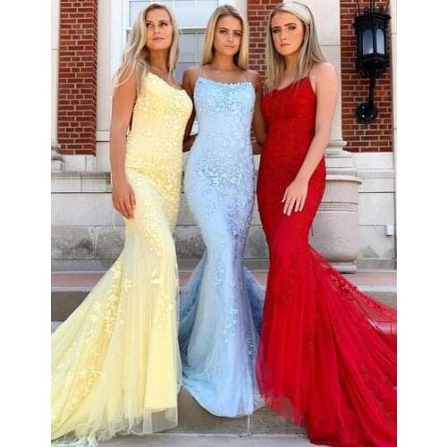 Sexy Backless Mermaid Lace Prom Dresses Long Fashionable Spaghetti Straps Tulle Prom Evening Gowns Vestido De Festa