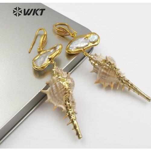 WT-E476 Real Spiky Trumpet Shell Inlay Pearl Dainty Earring Raw Shape Wild Coast Jewelry Women Summer Holiday Sea Shell Earring