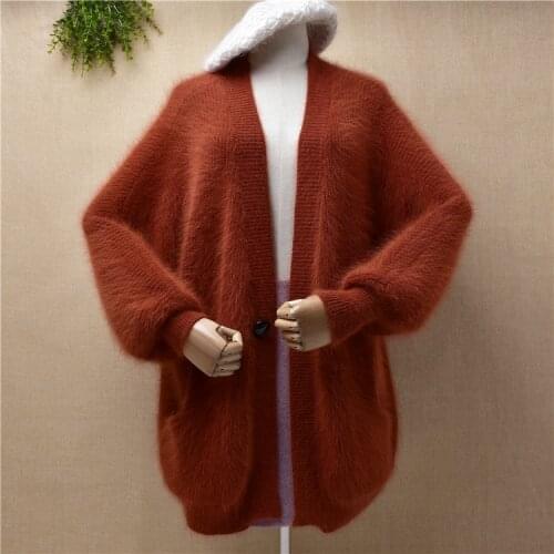 Ladies women fashion winter mink cashmere knitwear long batwing sleeve loose cardigan mantle angora fur jacket coat sweater pull