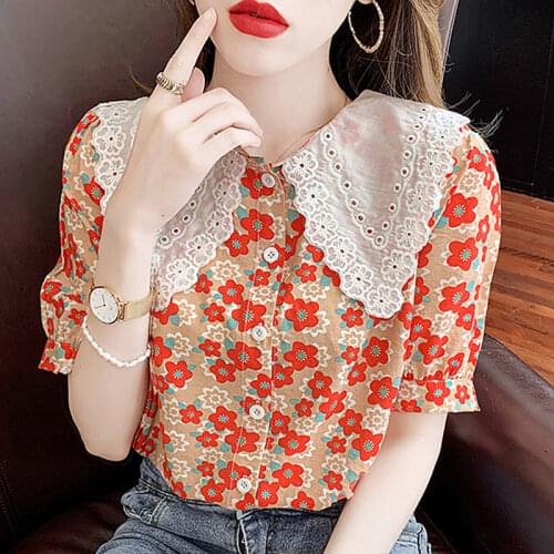 2021 Womens Chiffon Shirt Female Korean Summer New Peter Pan Collar Floral Print Shirts Sweet Short Sleeves Blouses Tops L665