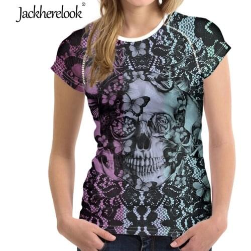 Jackherelook Harajuku Woman Tshirts Cool Butterfly Floral Sugar Skull Brand Designer Summer Beach Tops T-Shirt Ladies Tee Shirt