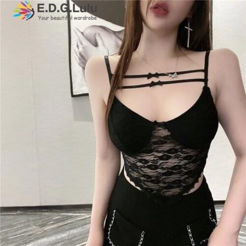EDGLuLu Summer White Lace Sleeveless Sexy Hollow Out Rhombus Crop Tops For Women Backless Asymetrical Cropped Lace Tops 0331