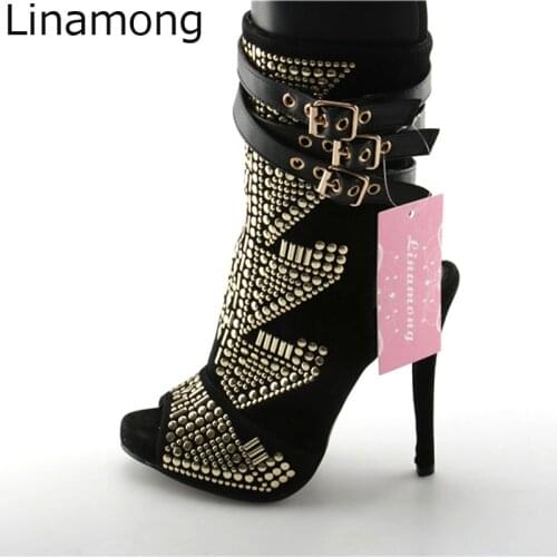 Ladies Suede Leather Golden Geomatric Rivets Studded Metal Buckled Ankle Booties Women High Heels Slingback Short Bottines Shoes