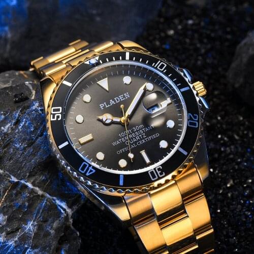 PLADEN Gold Luminous Watch Men 22mm Watchband Original Waterproof Sports Modern European Clock Anti-Shock Auto Date Street Style