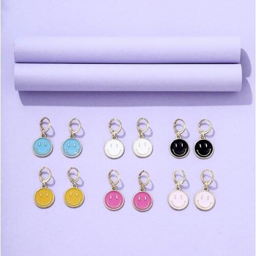 2021 Wholesale 6 Colors Colorful Smiley Pendant Enamel Drop Earrings for Women Dripping Piercing Huggie Earring Jewelry
