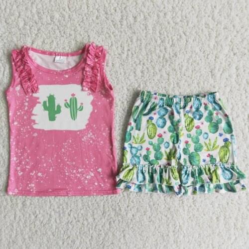 2021 cactus print shirt match ruffle shorts kids summer clothing girl children wholesale clothing
