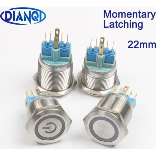 22mm Power mark with illumination light Push Button Switch waterproof switch momentary latching stainless steel 6pin terminal