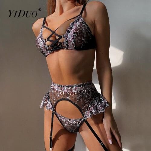 YiDuo 2021 Bandage Sexy Lingeire Set Womens Underwear Floral Embroidery Black Mesh Lenceria Sensual Mujer Garter 3 Piece Set