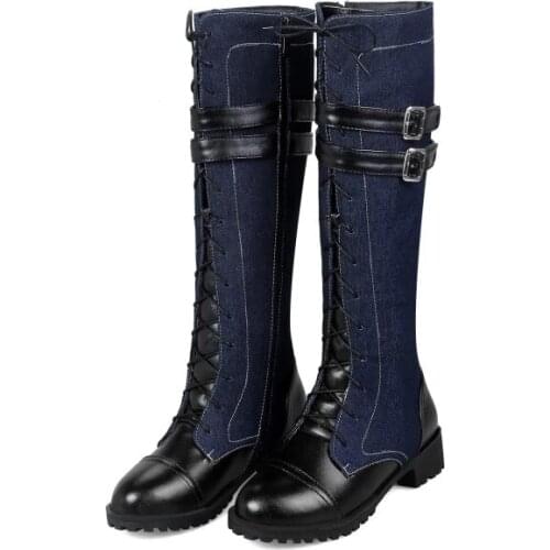 Big Size 11 12 13 14 15 Round-headed cross-tie Martin boots, denim belt buckle, high cylinder and thick heel of Knee Boots