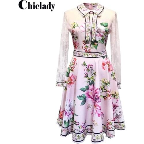 CHICLADY plus size floral pink mini A-line dresses for women patchwork lace long sleeve bow lace up elegant vocation clothing za