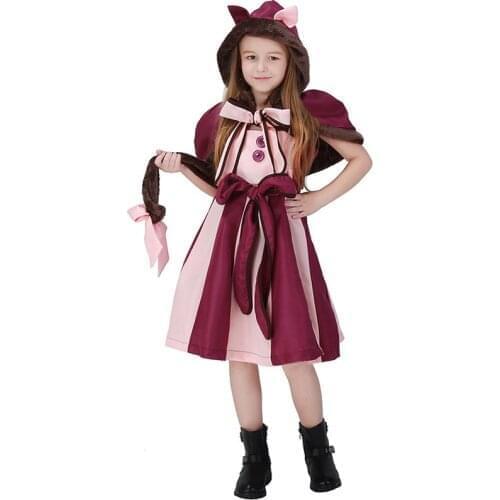 Kids Halloween Purple Alice in Wonderland Cheshire Cat 4PCS Set Girls Fancy Dress Fantasy Cat Cosplay Costume Halloween Costume